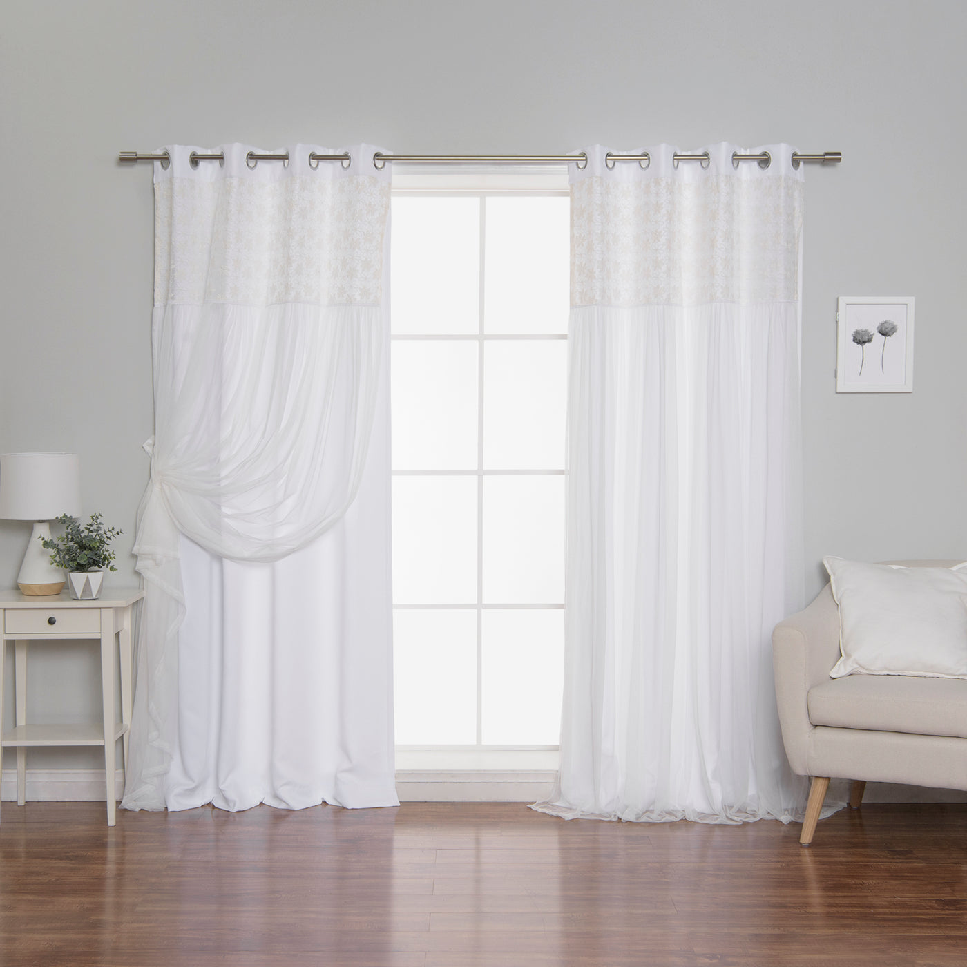 Floral Lace Overlay Blackout Curtains