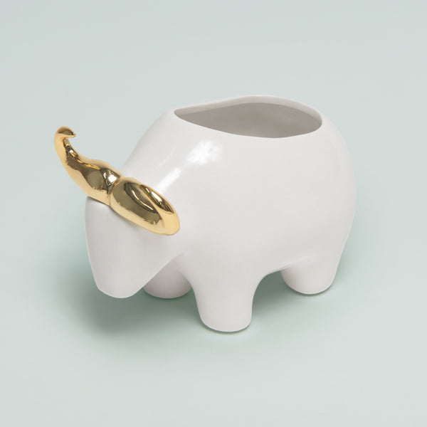 White & Gold Ceramic Bull Planter