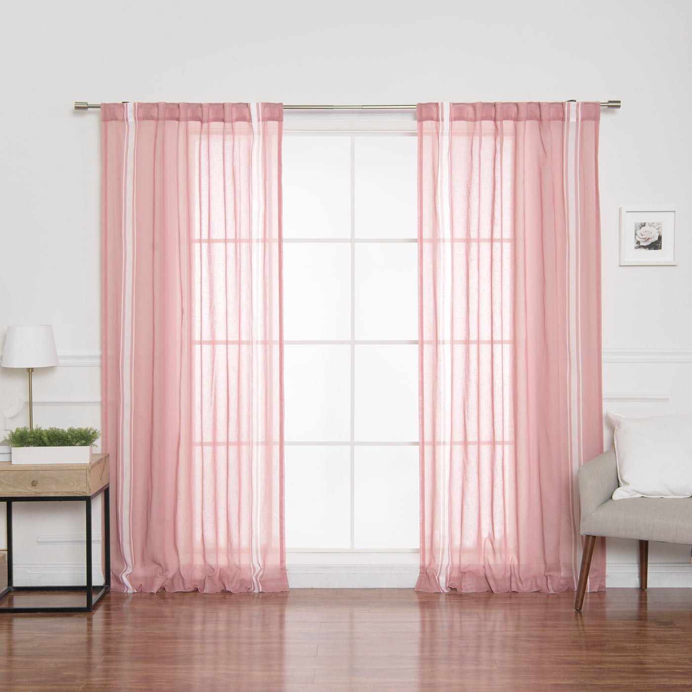 Sheer Faux Linen Reverse Triple Stripe Curtains