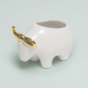 White & Gold Ceramic Bull Planter