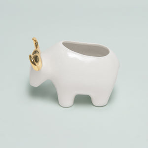 White & Gold Ceramic Bull Planter